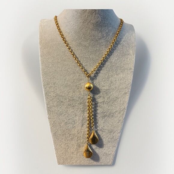 Rare HTF Vintage Napier Goldtone Heavy Teardrop Y Drop Necklace 30” - Picture 2 of 12